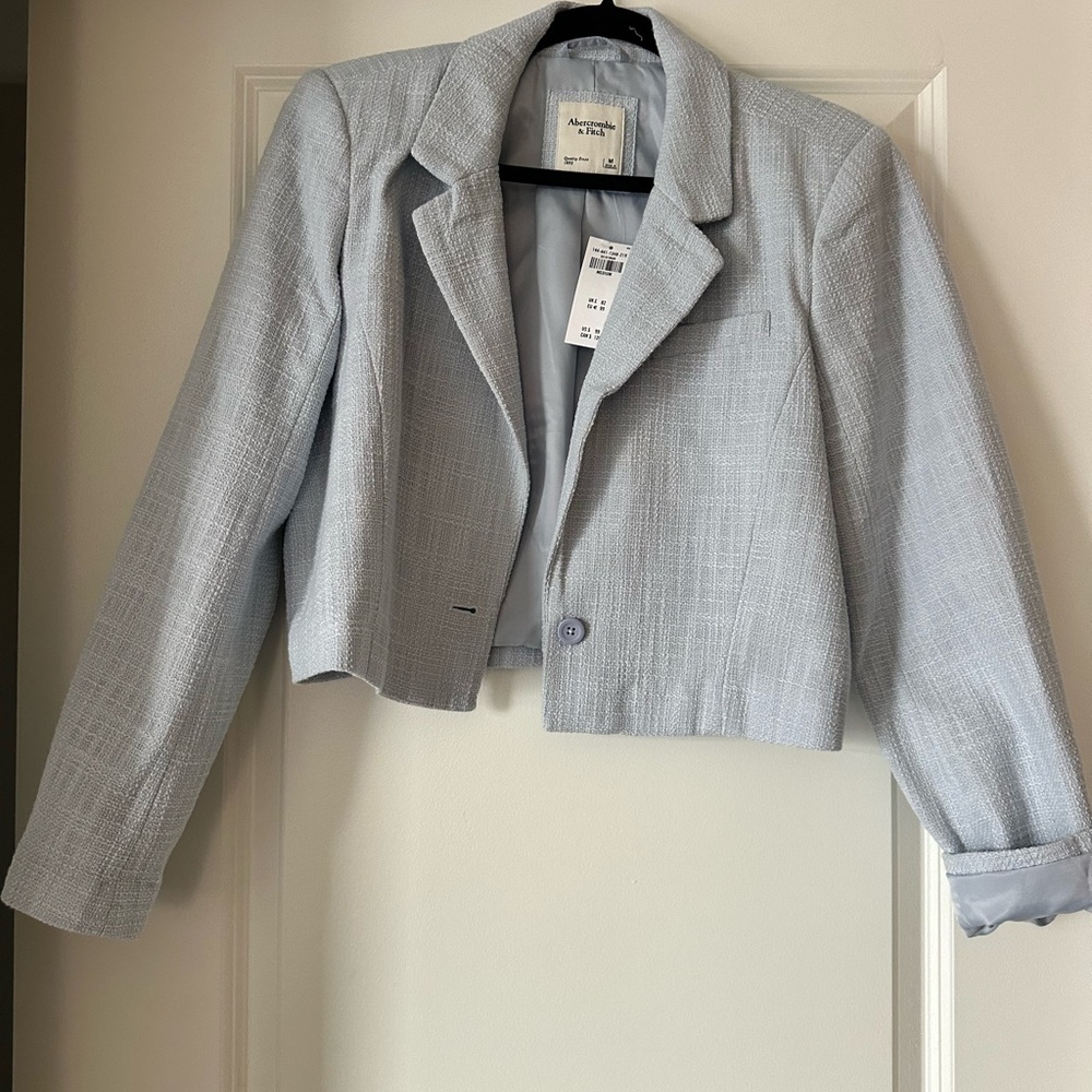 Abercrombie & Fitch Pale Blue Cropped Tweed Blazer